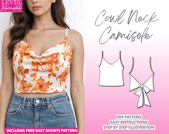 Cami Top Sewing Pattern Cowl Neck Pattern Easy Women Pattern Top Cowl Neck Top Pattern Camisole Sewing Pattern Crop Top PDF Pattern Back Tie