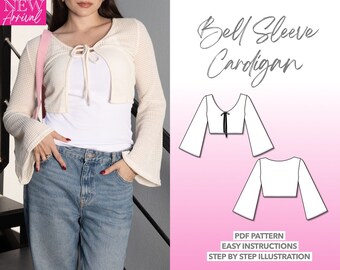 Cardigan Sewing Pattern Bell Sleeve Crop Cardigan Pattern Women Cardigan Sewing Pattern Crop Cardigan PDF Pattern Tie Front Jacket