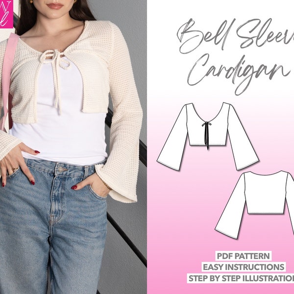 Cardigan Sewing Pattern Bell Sleeve Crop Cardigan Pattern Women Cardigan Sewing Pattern Crop Cardigan PDF Pattern Tie Front Jacket