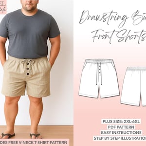 Könnte beinhalten: Eine Person trägt eine khakifarbene Shorts mit Kordelzug und Knopfleiste sowie ein graues T-Shirt. Die Shorts haben einen Knopfverschluss und Taschen. Das Bild enthält auch ein Schnittmuster für die Shorts und ein kostenloses V-Ausschnitt-T-Shirt-Muster.