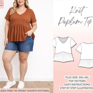 Plus Size Knit Peplum Top Sewing Pattern (0XL-4XL) (PDF Pattern)