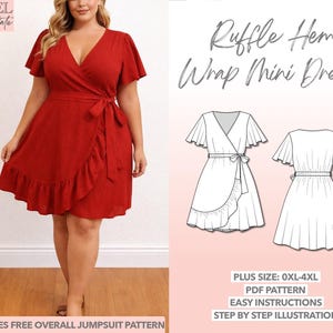 プラスサイズ フリル裾フェイクラップミニドレスの縫製パターン（PDFパターン 0XL-4XL）