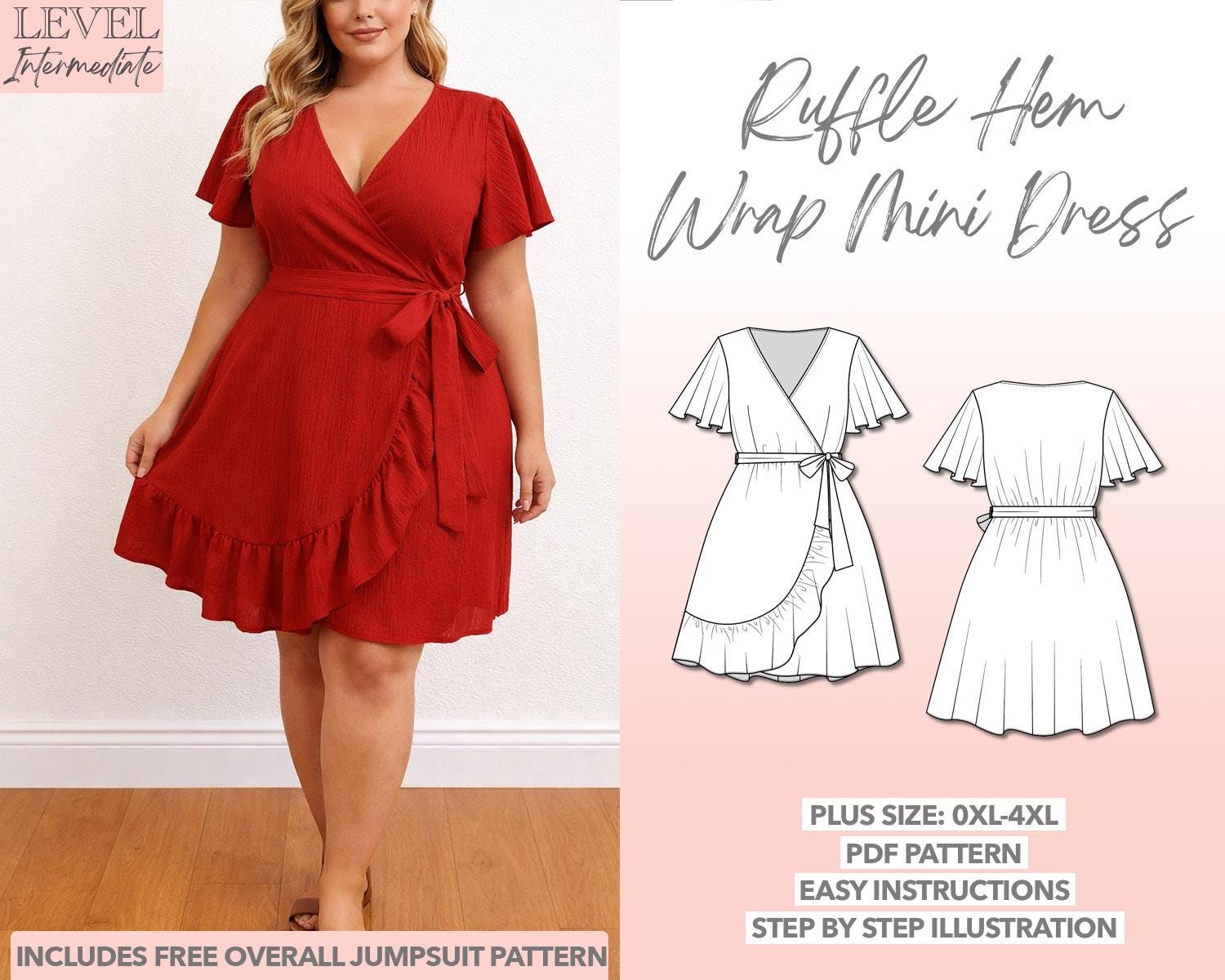 Plus Size Ruffle Hem Faux Wrap Mini Dress Sewing Pattern (PDF Pattern  0XL-4XL) - Etsy