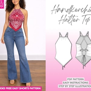Handkerchief Halter Top Sewing Pattern: Boho Crop Top (PDF Download XS-XXXL)