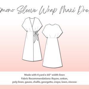 Illustration and detailed description for Plus Size Kimono Sleeve Wrap Maxi Dress sewing pattern. Made with 4 yard x 60” width linen. Other Fabric Recommendations: Rayon, cotton, poly linen, gauze, challis, georgette, crepe, lawn, viscose.