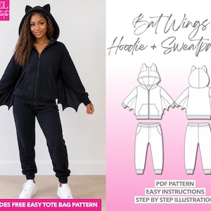 May include: A black zip-up hoodie with bat wing sleeves and cat ears on the hood, paired with matching black sweatpants. The image includes a technical line drawing of the hoodie and sweatpants labeled Bat Wings Hoodie + Sweatpants.