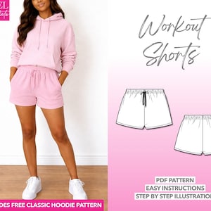 Women's Gym Shorts Sewing Pattern: XS-XXXL, Bonus Hoodie (PDF Pattern)