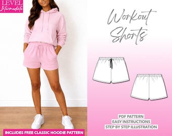 Women's Gym Shorts Sewing Pattern: XS-XXXL, Bonus Hoodie (PDF Pattern)