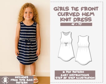 Girls Knit Dress Sewing Pattern: Tie Front, Curved Hem (4Y-7Y) (PDF Pattern)