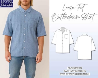 Mens Button Down Shirt Sewing Pattern Drop Shoulder Shirt Pattern Loose Fitting Shirt Pattern Shirt PDF Pattern Mens Sewing Pattern Shirt
