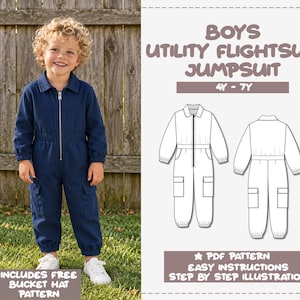 May include: A navy blue utility jumpsuit with a front zipper, collar, elastic cuffs, and cargo pockets on the legs. The text reads BOYS UTILITY FLIGHTSUIT JUMPSUIT 4Y-7Y, PDF PATTERN, EASY INSTRUCTIONS, STEP BY STEP ILLUSTRATION, INCLUDES FREE BUCKET HAT PATTERN.