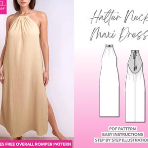 Dress Sewing Pattern Side Slit Halter Neck Backless Maxi Dress PDF Pattern Long Dress Sewing Pattern Beach Vacation Dress Pattern Backless