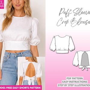Puff Sleeve Blouse Sewing Pattern Women Crop Top PDF Pattern Open Back Blouse Elegant Blouse Puffy Blouse Extravagant Blouse Balloon Sleeve