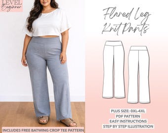 Plus Size Flared Knit Pants Sewing Pattern 0XL-4XL (PDF Pattern)