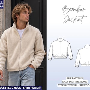 Patrón de costura de chaqueta bomber para hombre para principiantes Patrón de chaqueta fácil en PDF Patrón de chaqueta con cintura elástica Patrón de chaqueta con puños elásticos