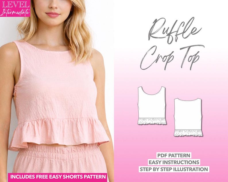 Ruffle Crop Top pdf sewing pattern with easy instructions and step by step illustrations.