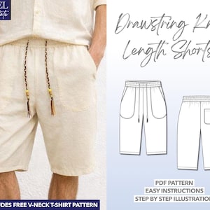 Mens Shorts Sewing Pattern Drawstring Shorts Knee Length Shorts PDF Pattern for Beginners Mens Summer Shorts Pattern Linen Shorts Pattern