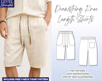 Mens Shorts Sewing Pattern Drawstring Shorts Knee Length Shorts PDF Pattern for Beginners Mens Summer Shorts Pattern Linen Shorts Pattern