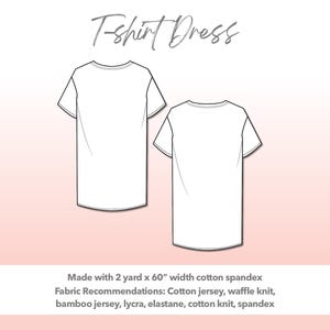 Illustration and detailed description for Plus Size T-Shirt Dress sewing pattern. Made with 2 yard x 60” width cotton spandex. Other Fabric Recommendations: Cotton jersey, waffle knit, bamboo jersey, lycra, elastane, cotton knit, spandex.