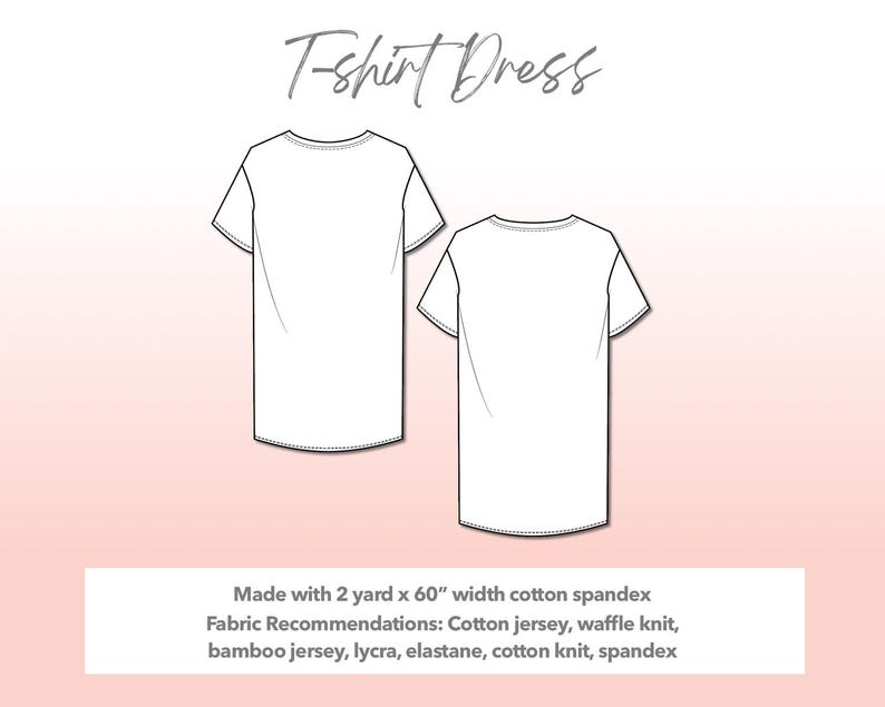 Illustration and detailed description for Plus Size T-Shirt Dress sewing pattern. Made with 2 yard x 60” width cotton spandex. Other Fabric Recommendations: Cotton jersey, waffle knit, bamboo jersey, lycra, elastane, cotton knit, spandex.
