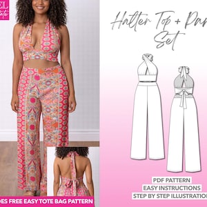 Halter Crop Top & Wide Leg Pants Sewing Pattern (PDF Download XS-XXXL)