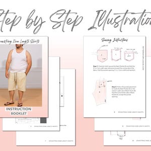 Plus Size Drawstring Knee Length Shorts sewing pattern instruction booklet showing step by step illustrations to make the garment.