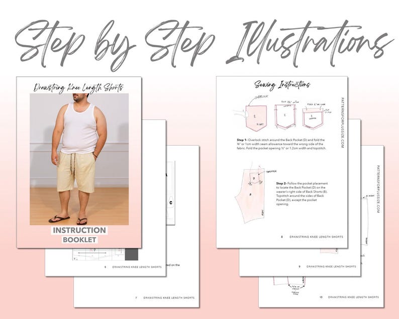 Plus Size Drawstring Knee Length Shorts sewing pattern instruction booklet showing step by step illustrations to make the garment.