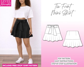 Padrão de costura para mini saia com babados na frente (download em PDF XS-XXXL) Top curto bônus