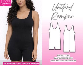 Schnittmuster für einen dehnbaren Jumpsuit (Yoga-Leggings) als PDF-Download. Strickmuster für einen Body, Sportbekleidung und Workout-Strampler.