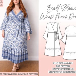 Plus Size Wickelkleid mit Glockenärmeln Schnittmuster 0XL-4XL (PDF-Muster)