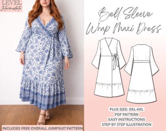 Plus Size Bell Sleeve Wrap Dress Sewing Pattern 0XL-4XL (PDF Pattern)