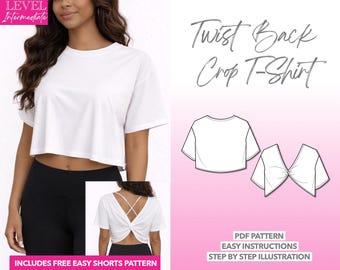 Twist Back Top Sewing Pattern Women Workout Tee Oversized Crop Top Trendy Yoga Top Easy Workout Top Women T-Shirt Open Back Tee Gym Shirt