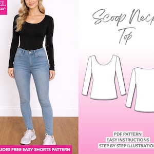 Scoop Neck Long Sleeve Top Sewing Pattern: Women's Knit Tee (PDF Pattern XS-XXXL)