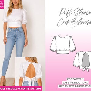 Puede incluir: Un patrón de blusa corta con mangas abullonadas blancas con un detalle de lazo en la espalda. La imagen incluye a una mujer que lleva la blusa con vaqueros azul claro. El texto de la imagen dice "Puff Sleeve Crop Blouse" y "Includes Free Easy Shorts Pattern".