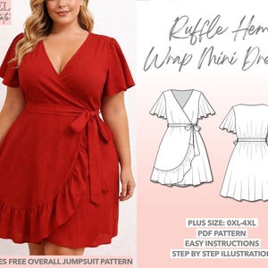 Plus Size Wrap Dress Sewing Pattern Larger Size Women Dress Mini Dress Pattern Ruffle Hem Dress PDF Pattern Curvy Size Dress Ruffle Sleeve