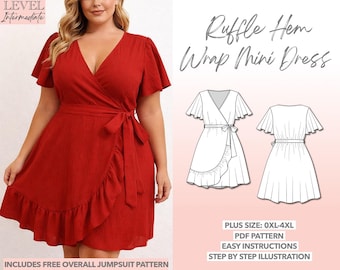 Schnittmuster für Wickelkleid in großen Größen, Minikleid mit Rüschensaum (PDF-Schnittmuster), Kleid für kurvige Frauen mit Rüschenärmeln