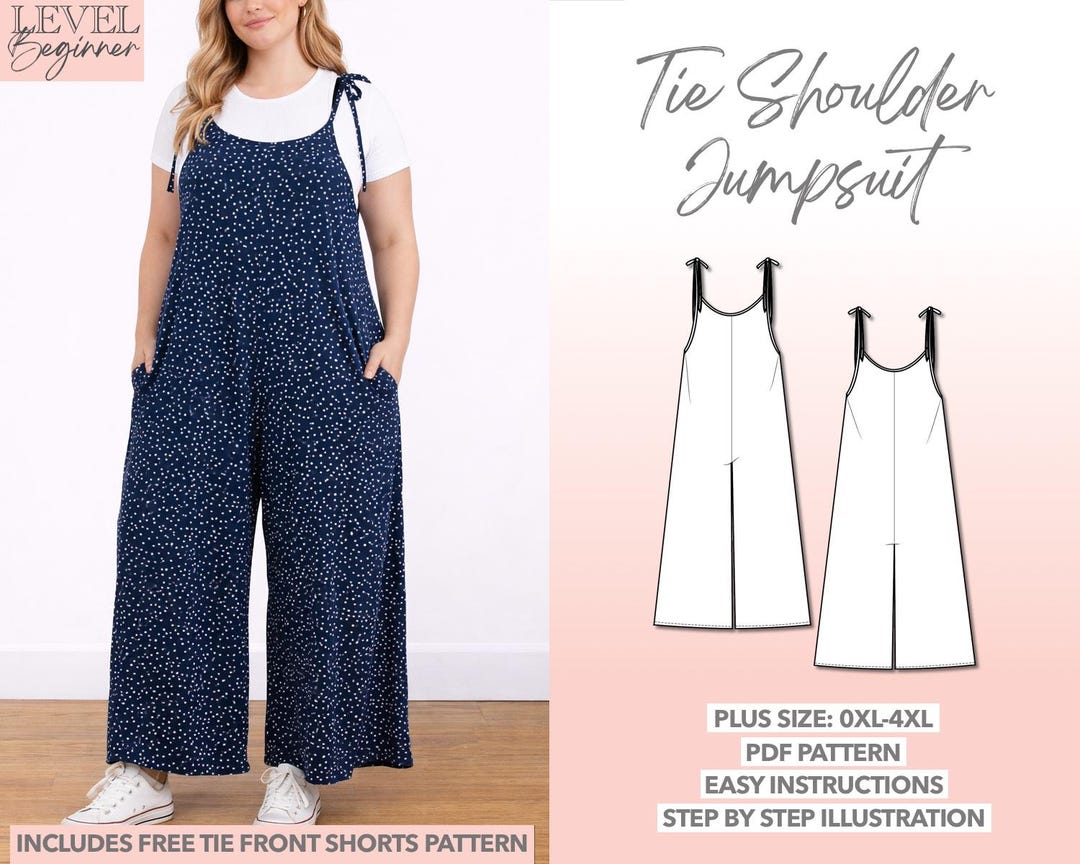 Plus Size Tie Shoulder Jumpsuit Sewing Pattern (PDF): 0XL-4XL - Etsy