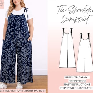 Patrón de costura para mono con lazo en los hombros, talla grande (PDF): 0XL-4XL