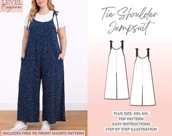 Plus Size Tie Shoulder Jumpsuit Sewing Pattern (PDF): 0XL-4XL
