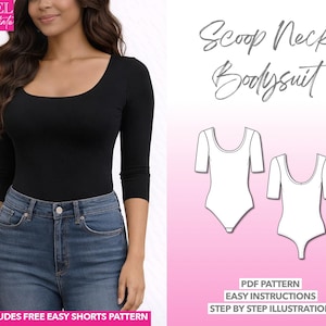 Patron de couture facile pour body à manches 3/4, patron de body femme, patron de body à col rond, patron PDF pour body à manches 3/4.