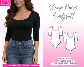 Easy Bodysuit Sewing Pattern 3/4 Sleeve Top Women Onesie Pattern Scoop Neck Bodysuit Top Pattern 3/4 Sleeve Bodysuit PDF Pattern Sculpting