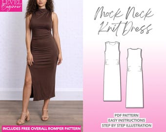Mock Neck Knit Dress Sewing Pattern: Women's Midi Bodycon (PDF Download, XS-XXXL)