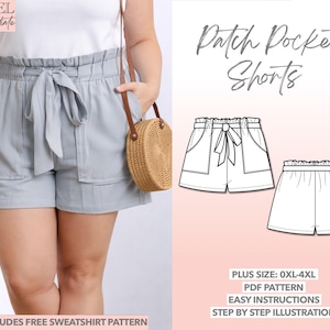 Naaipatroon voor paperbag shorts in grote maten Naaipatroon voor shorts met riem (PDF) Linnen shorts voor vrouwen met rondingen Shorts met hoge taille en zakken in grote maten