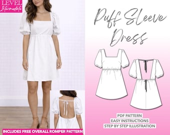 Puff Sleeve Mini Dress Sewing Pattern, Backless Square Neck (PDF Pattern)