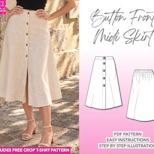 Skirt Sewing Pattern Button Front Midi Skirt PDF Pattern Easy Women Skirt Sewing Pattern High Waist Skirt Pattern Long Skirt Sewing Pattern