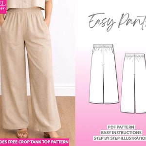 Easy Pants Sewing Pattern Wide Leg Pants Women Elastic Waist Pants Pattern Pants with Pocket Pattern for Beginners Pants Pattern Comfy Pants