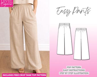 Einfaches Hosen-Schnittmuster, weite Hose, Damenhose mit elastischem Bund, Hose mit Tasche, bequeme Hose für Anfänger