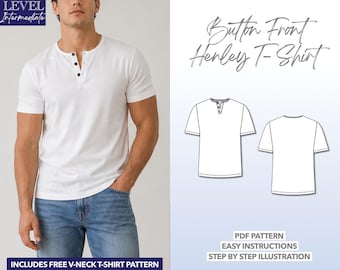 Mens T-Shirt Sewing Pattern Beginner Sewing Pattern Button Front Tee Shirt Henley Short Sleeve T-Shirt PDF Pattern Easy Men Sewing Pattern