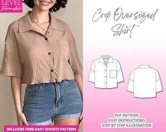Oversized Crop Shirt Sewing Pattern: Button-Down PDF (XS-XXXL) + Bonus Shorts