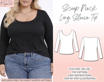 Plus Size Top Sewing Pattern Scoop Neck Top Beginner Women Clothing Easy Knit Pattern Long Sleeve Top PDF Boat Neck Top Larger Size Pattern